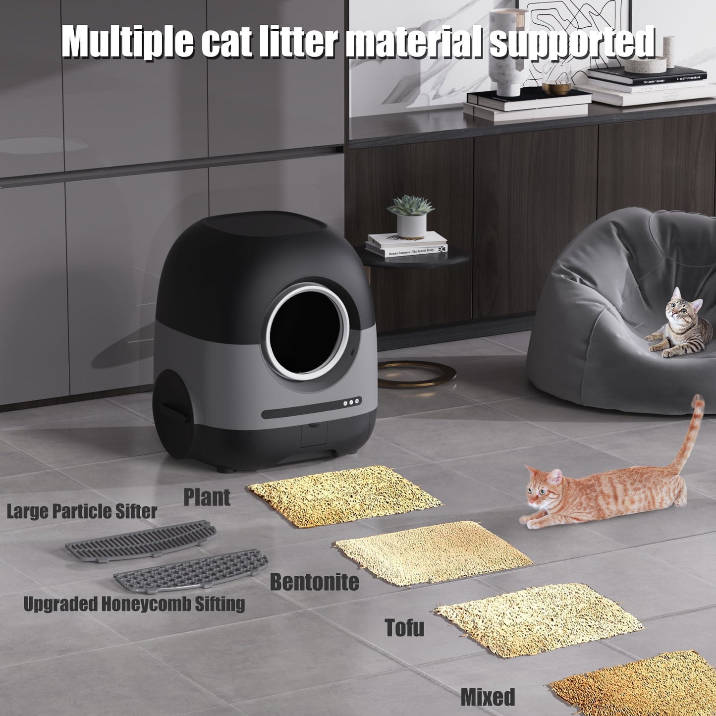 Self-Cleaning Cat Litter Box, Automatic Litter Box for Multiple Cats with APP Control/Safety Protection, 80L, Black