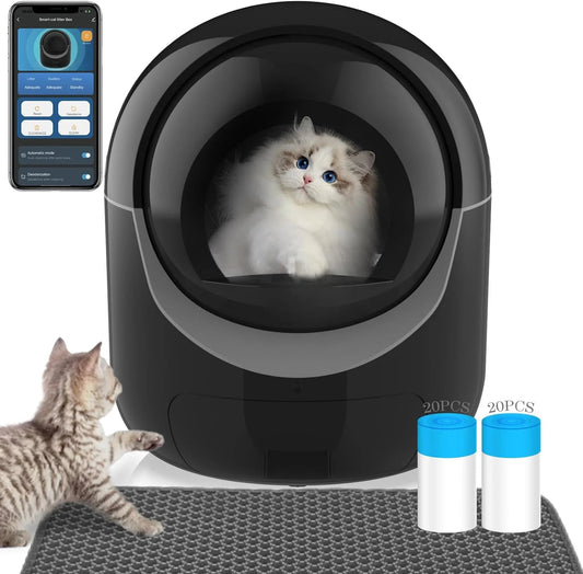 Self-Cleaning Cat Litter Box, Automatic Litter Box for Multiple Cats with APP Control/Safety Protection, 65L+10L Large Capacity, 1 Mat & 40 Liner