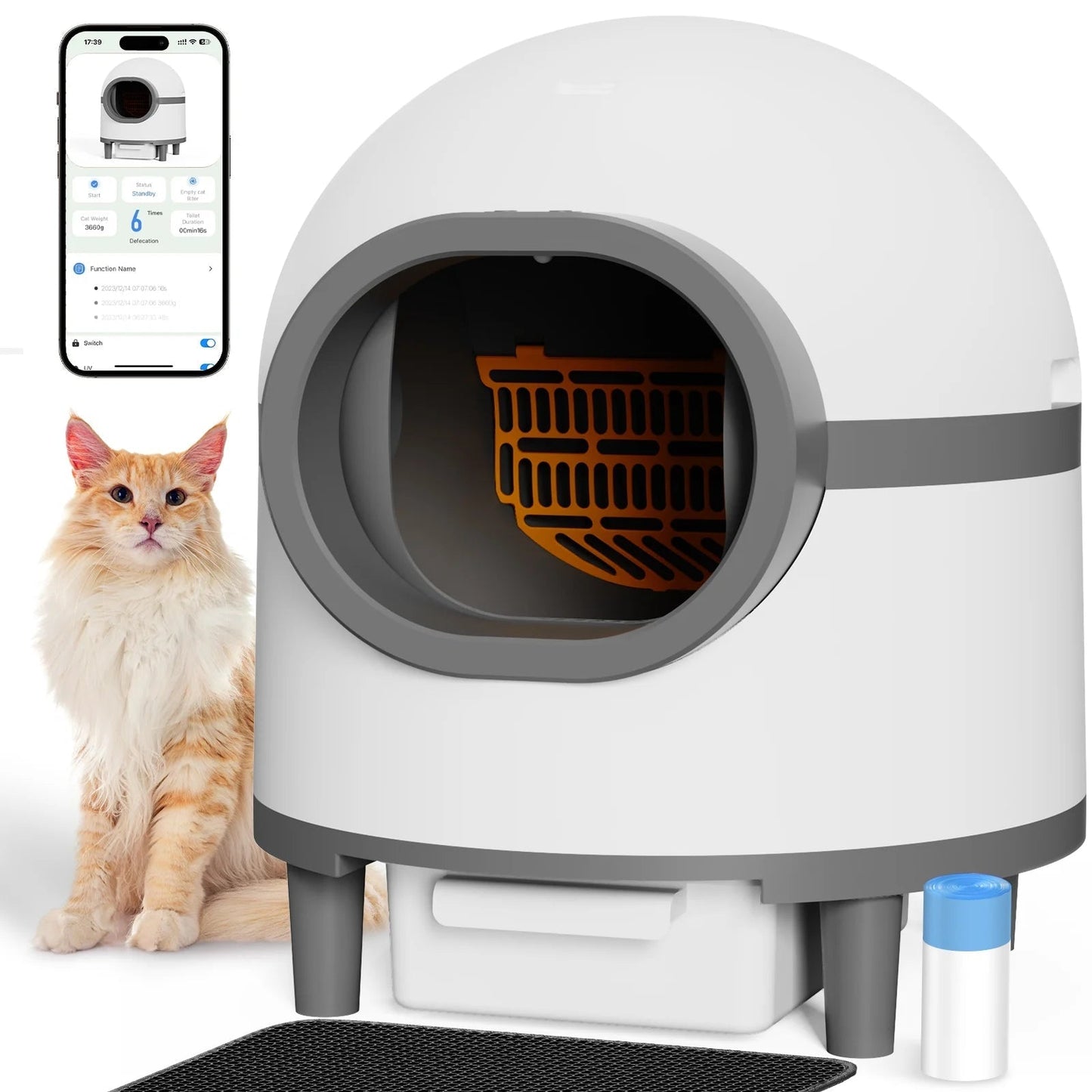 Automatic Cat Litter Box, Safety Protection Self Cleaning Litter Box for Multiple Cats with Deodorizer & Mat & Liner, Double Odor Removal