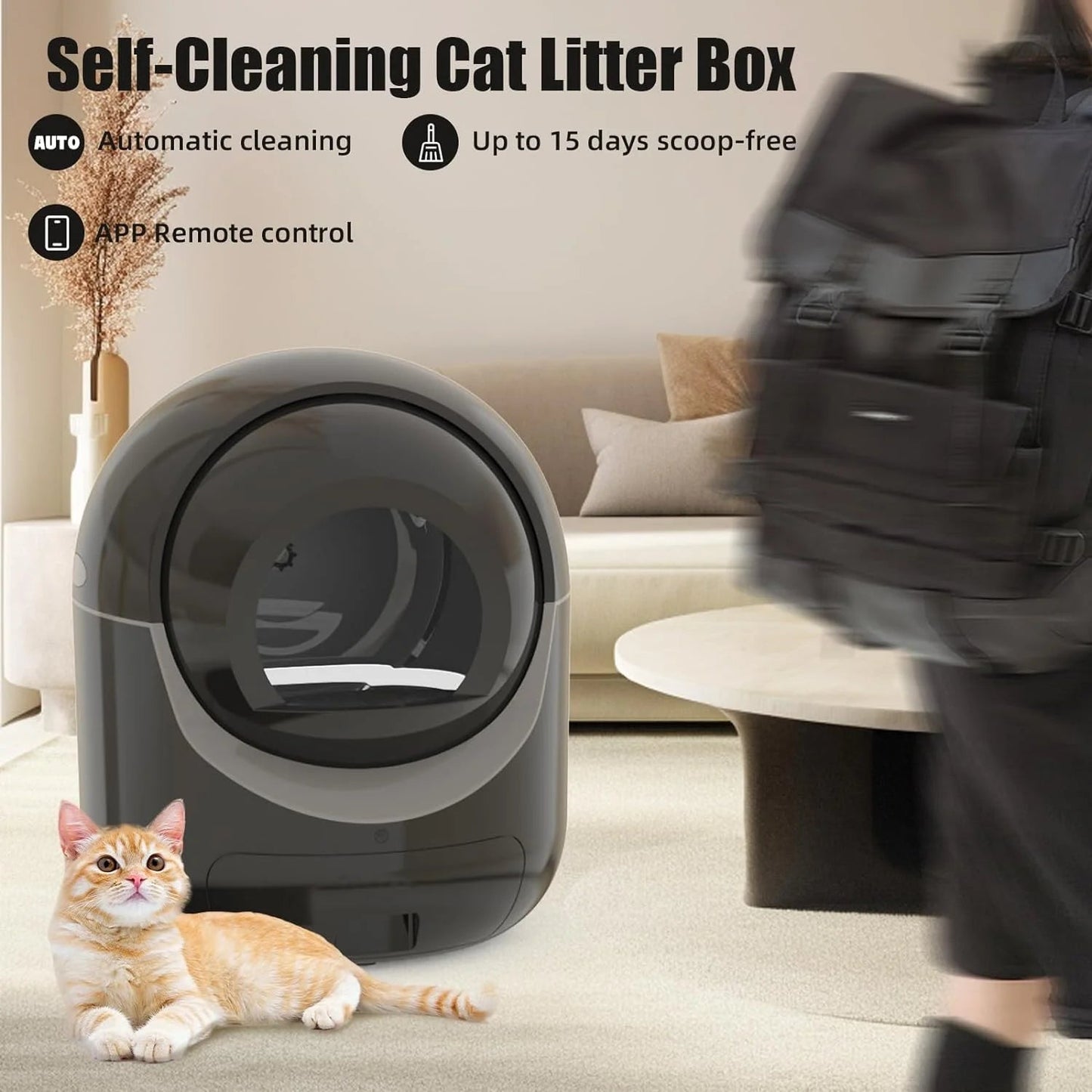 Self-Cleaning Cat Litter Box, Automatic Litter Box for Multiple Cats with APP Control/Safety Protection, 65L+10L Large Capacity, 1 Mat & 40 Liner