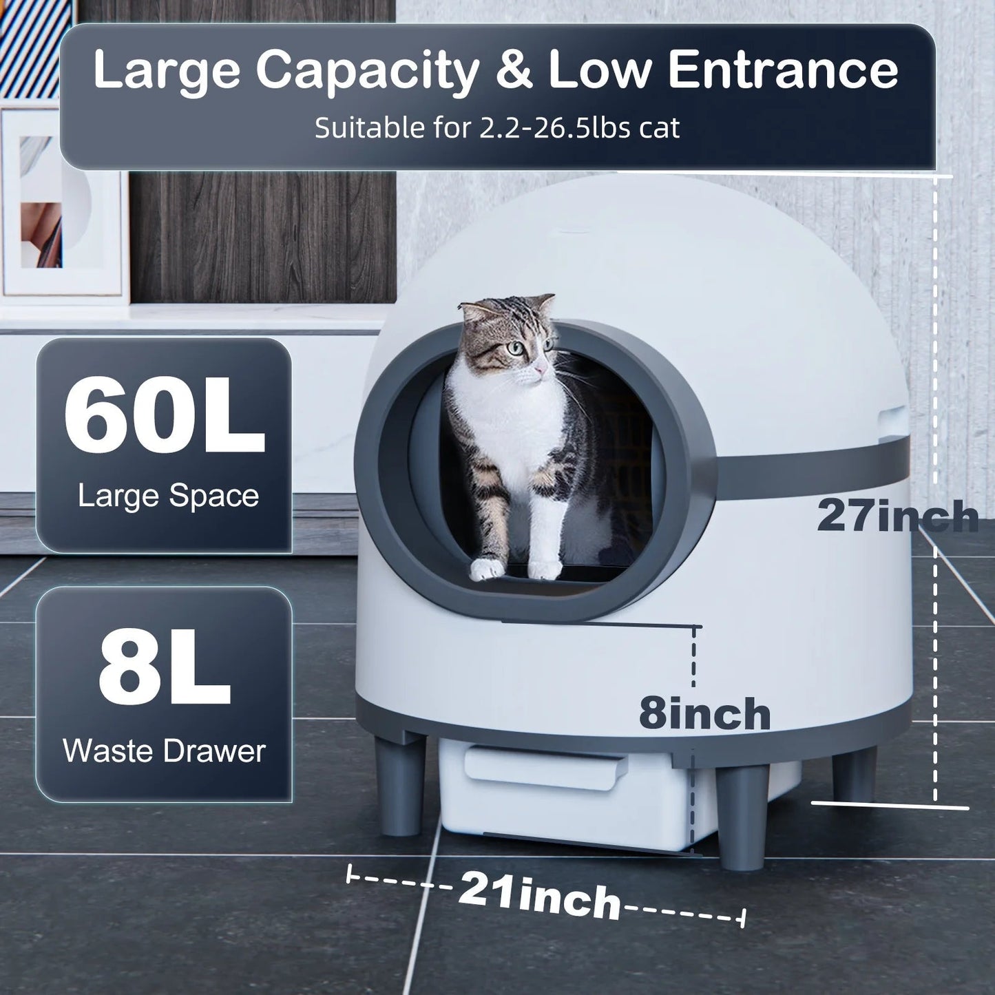 Automatic Cat Litter Box, Safety Protection Self Cleaning Litter Box for Multiple Cats with Deodorizer & Mat & Liner, Double Odor Removal