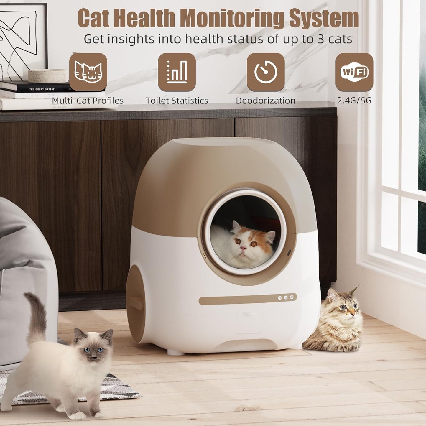 70L+10L Automatic Cat Litter Box Self Cleaning for Multi Cats, Support 5G/Anti-Pinch/Health Monitoring/Odor-Removal