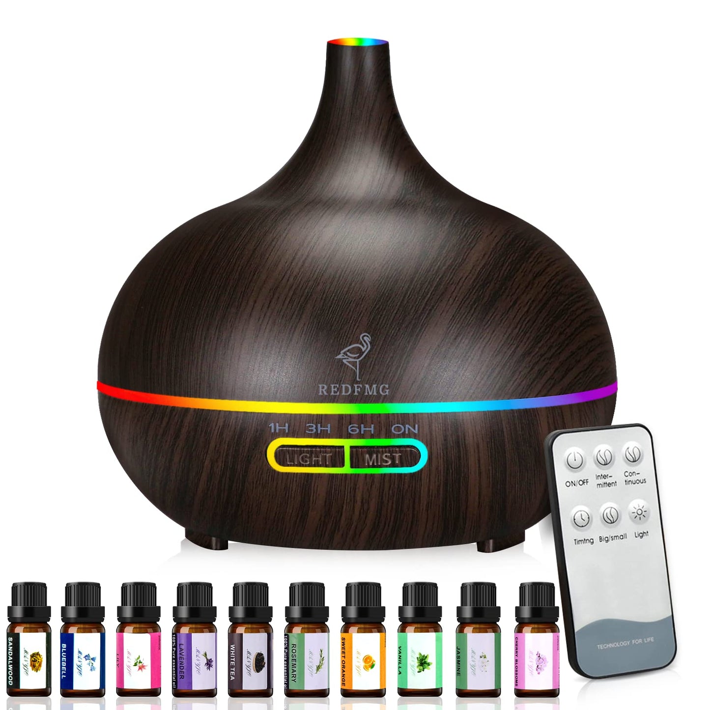 REDFMG Essential Oil Diffuser, Oil Diffuser with 14 LED Light Colors, Remote Control and 4 Timers Aromatherapy