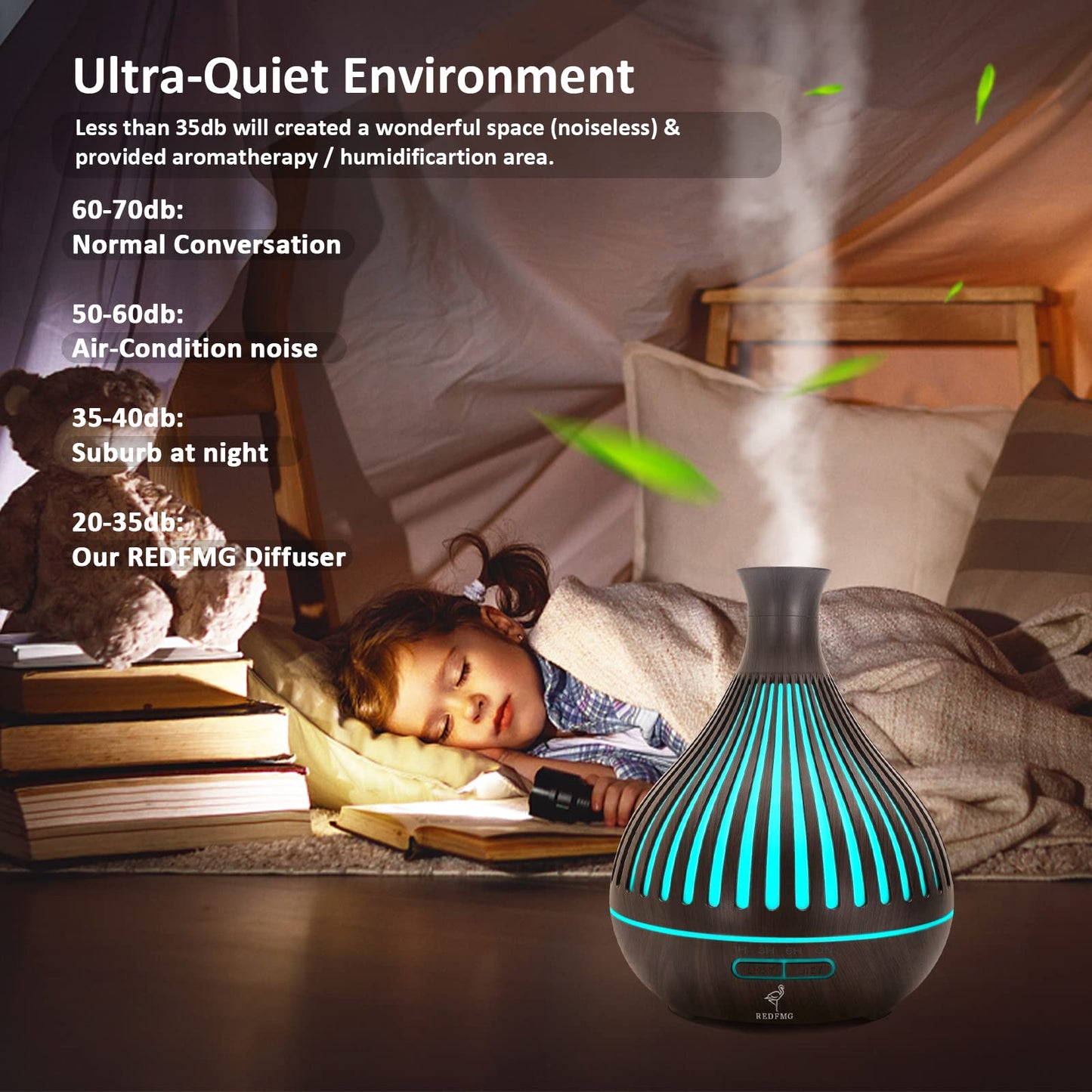 REDFMG Essential Oil Diffuser, Oil Diffuser with 14 LED Light Colors, Remote Control and 4 Timers Aromatherapy