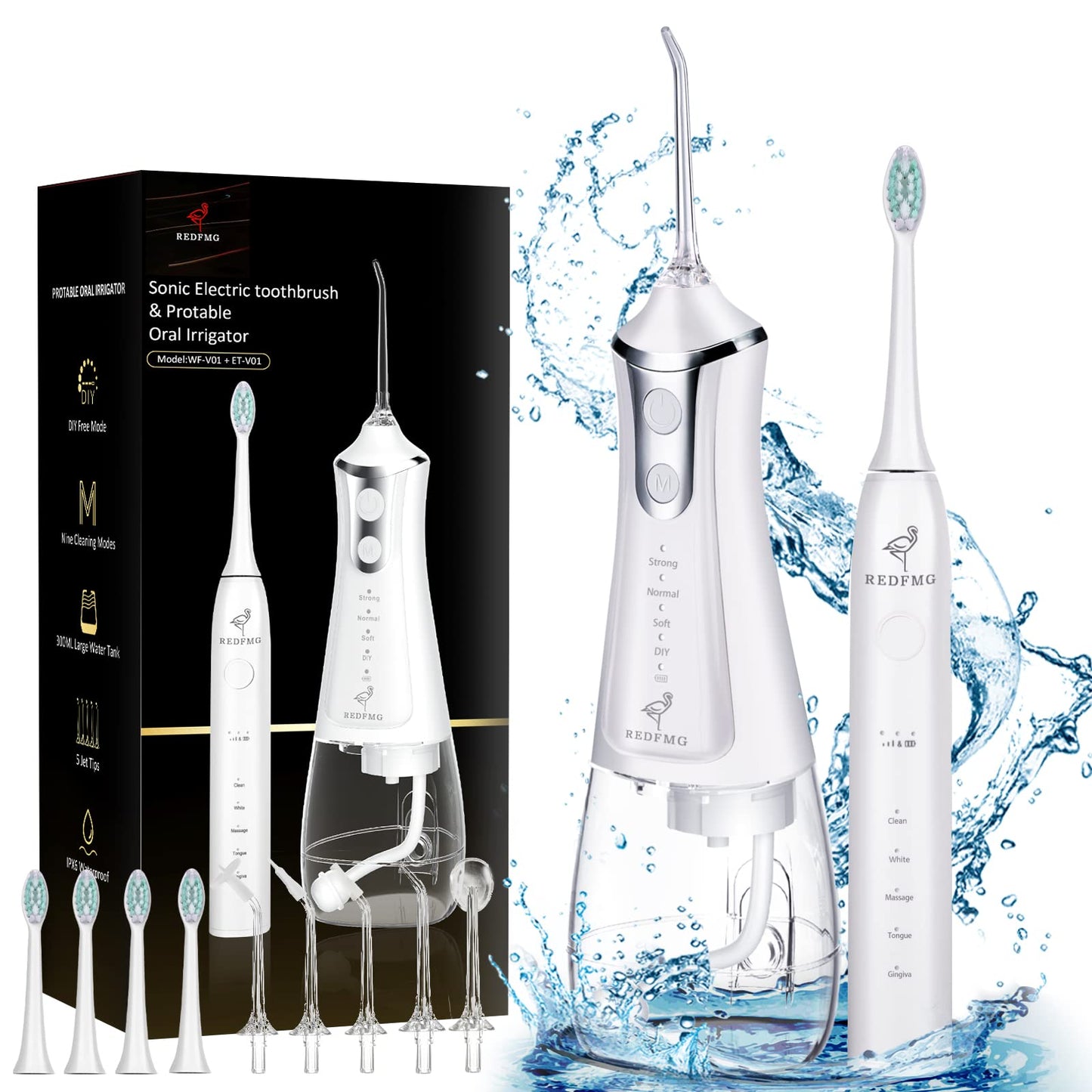 REDFMG Water Flosser for Teeth with Electric Toothbrush, Cordless Water Flosser 300ML and Ultrasonic Toothbrush